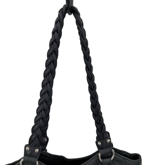 Black Braided Handle Vegan Faux Leather Shoulder Bag Multiple Compartments - Picture 9 of 13